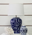 Elegant Hamptons style ceramic table lamp in blue and white finish
