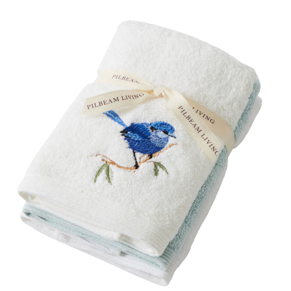 Blue Wren Face Washer Set of 3 (2 Plain) - Hamptons Style