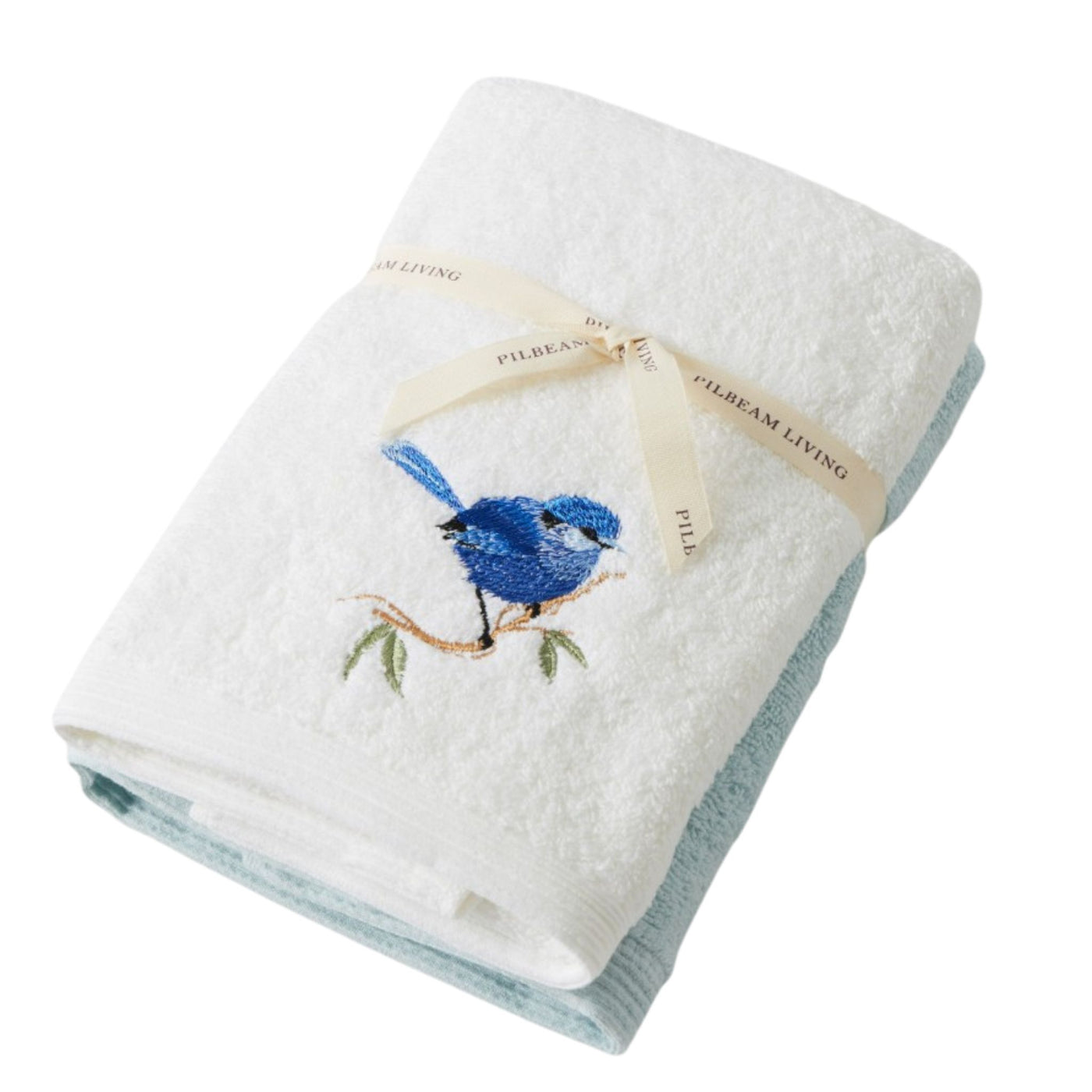 Blue wren embroidered cotton hand towel set with one plain towel in white and pale blue tones