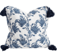 Bluebell Bloom blue and white floral cushion with navy tassel corners