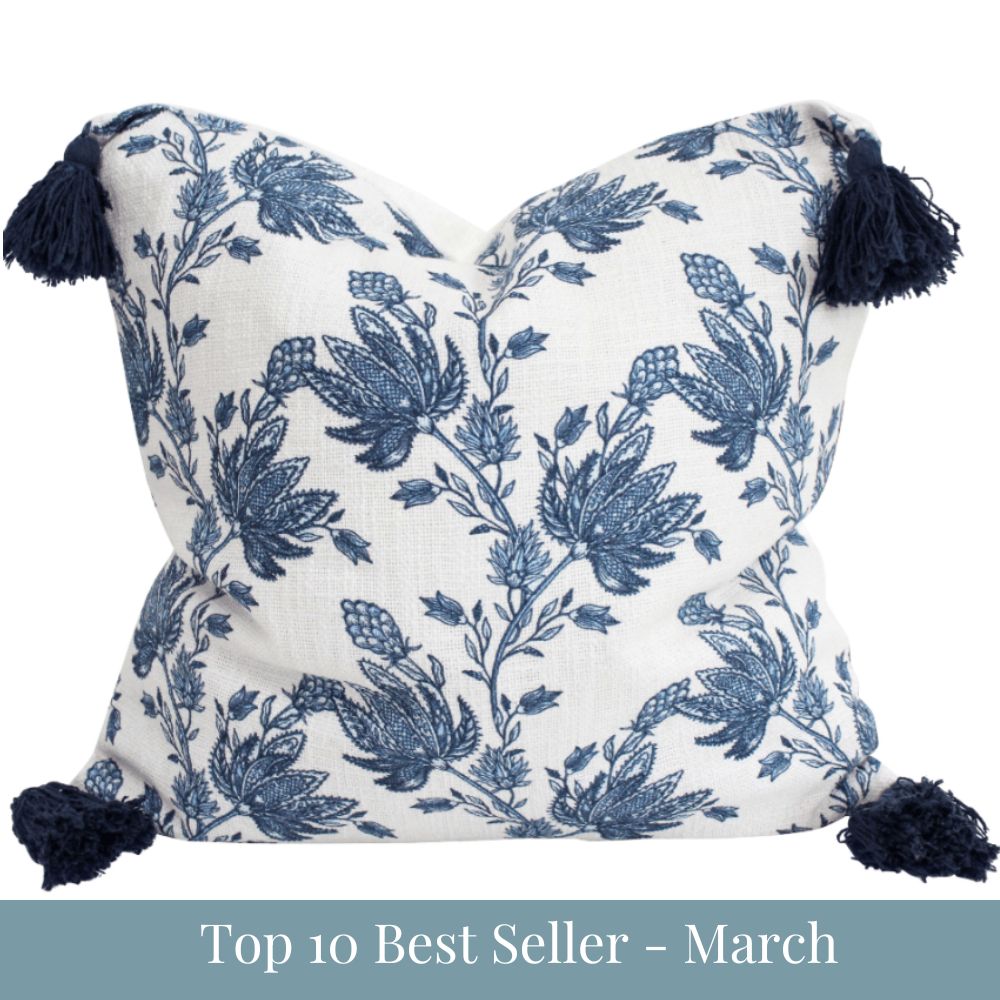 Bluebell Bloom blue and white floral cushion with botanical print and navy tassel trim