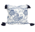 Bluebell Bloom blue and white floral cushion with navy tassel corners