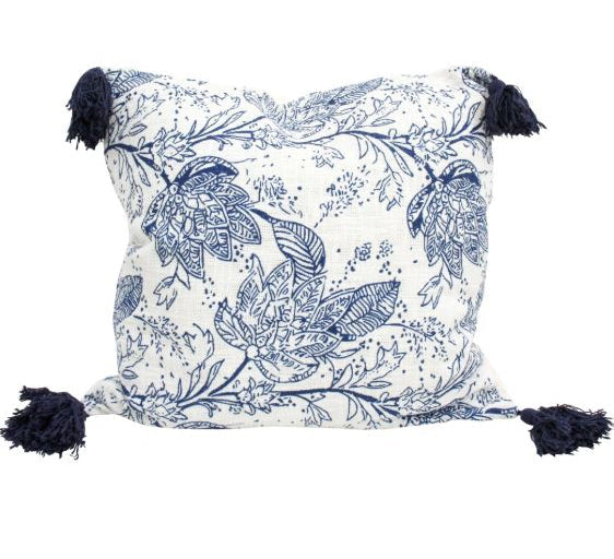 Bluebell Bloom blue and white floral cushion with navy tassel corners