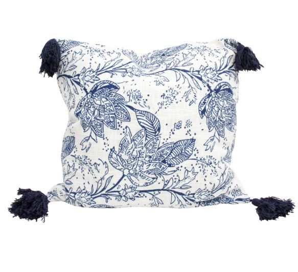 Bluebell Bloom blue and white floral cushion with navy tassel corners
