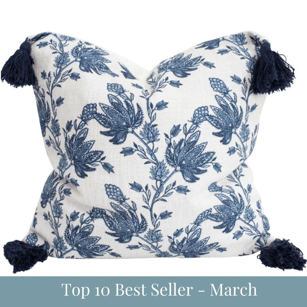 Bluebell Bloom blue and white floral cushion with botanical print and navy tassel trim