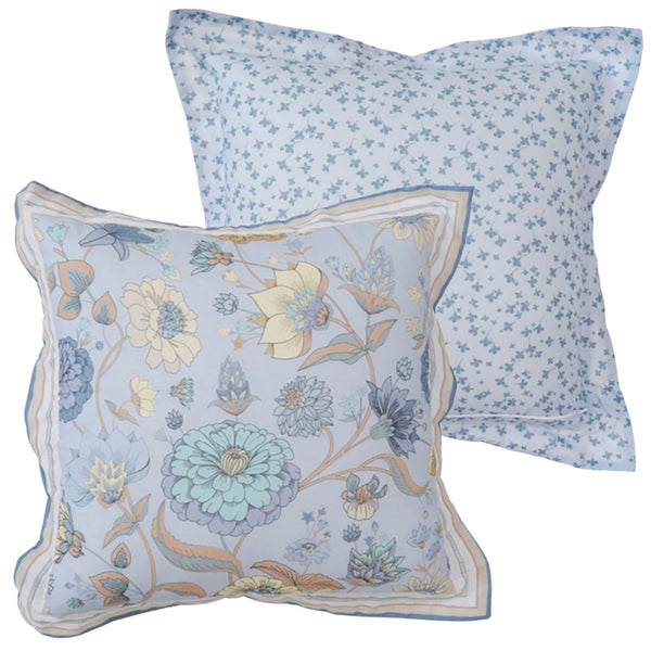 Bluebell Meadow cushion reverse with delicate blue floral pattern on cotton fabric