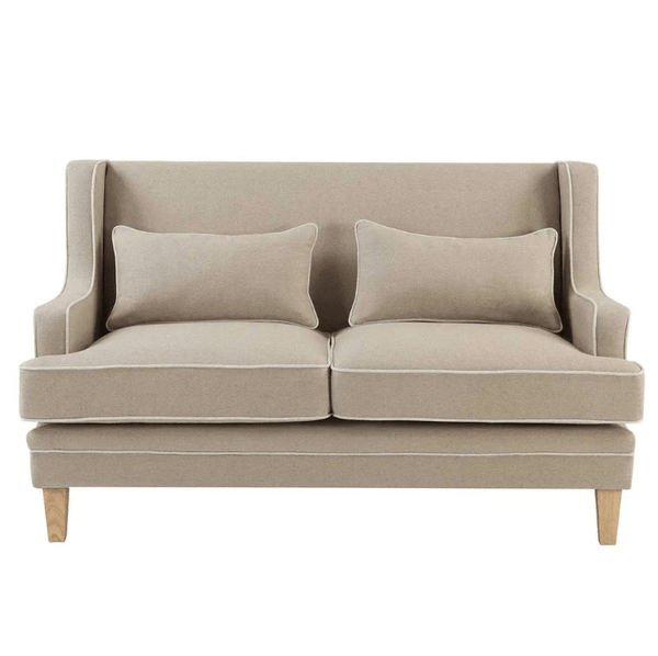 Bondi Hamptons 2 Seat Sofa in natural linen blend with white piping, two seat cushions and coordinating lumbar cushions.