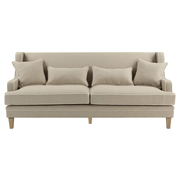 Bondi Hamptons 3 Seat Sofa in natural linen blend upholstery with white piping and timber legs.