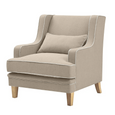 Angled view of Bondi Hamptons Armchair showing natural upholstery, white piping, lumbar cushion and timber legs.