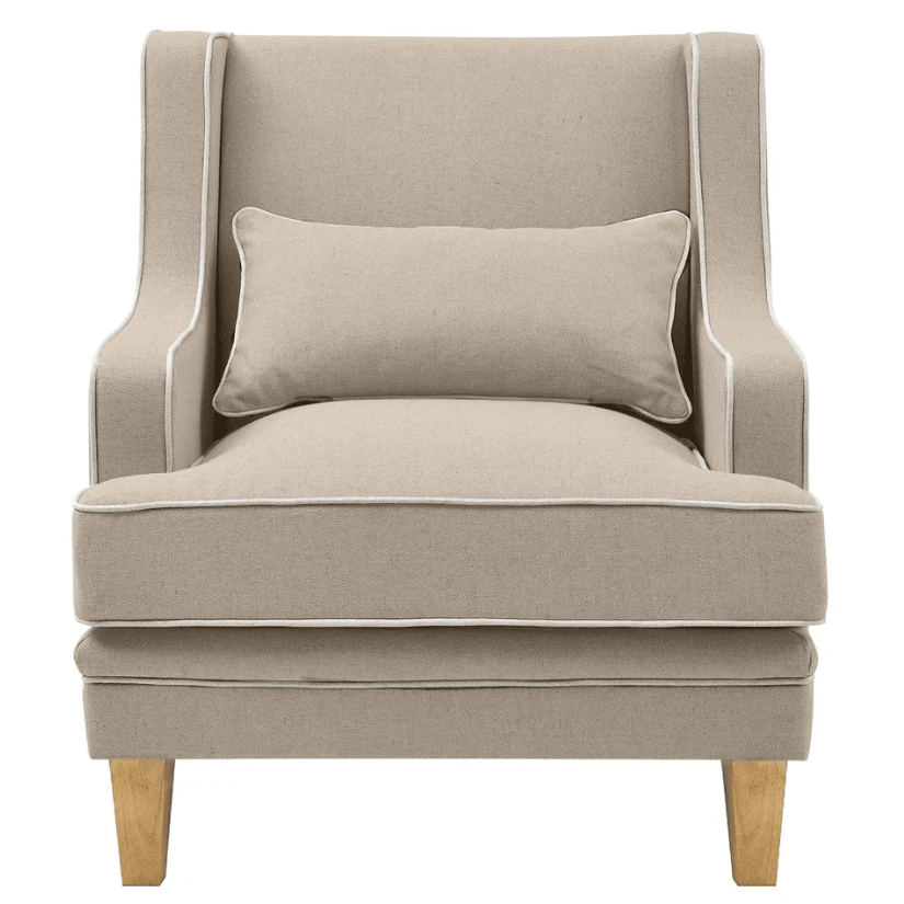 Bondi Hamptons Armchair in natural linen blend upholstery with contrasting white piping and timber legs.