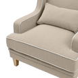 Front detail of Bondi Hamptons Armchair showing generous upholstered seat, lumbar cushion and white piped edging.