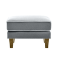 Bondi ottoman in grey fabric with white piping and wooden tapered legs front view