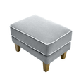 Side view of grey Bondi ottoman with white piping detail and timber legs
