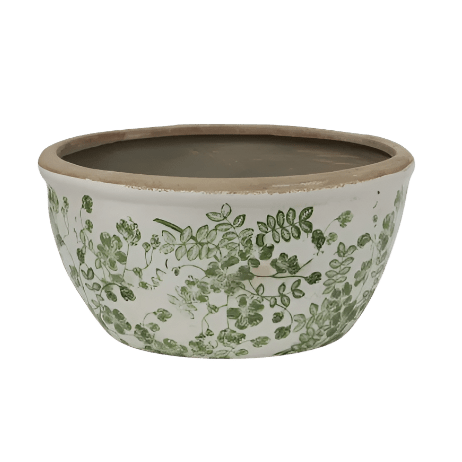 Botanical Pot Small stoneware planter featuring a green botanical pattern and rustic artisan finish.