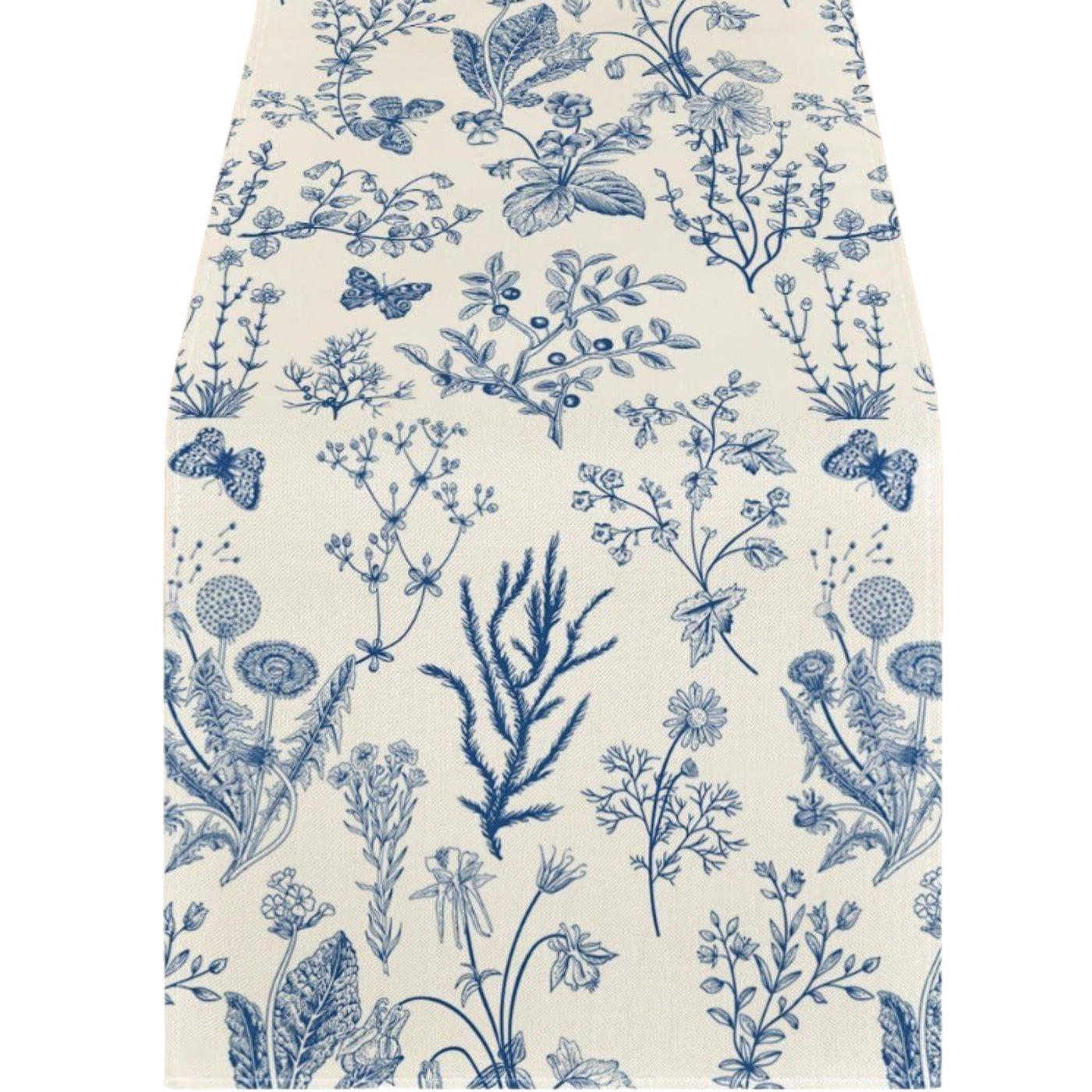 Botanical Meadow blue and white cotton table runner with wildflower and butterfly design, 40 x 180cm