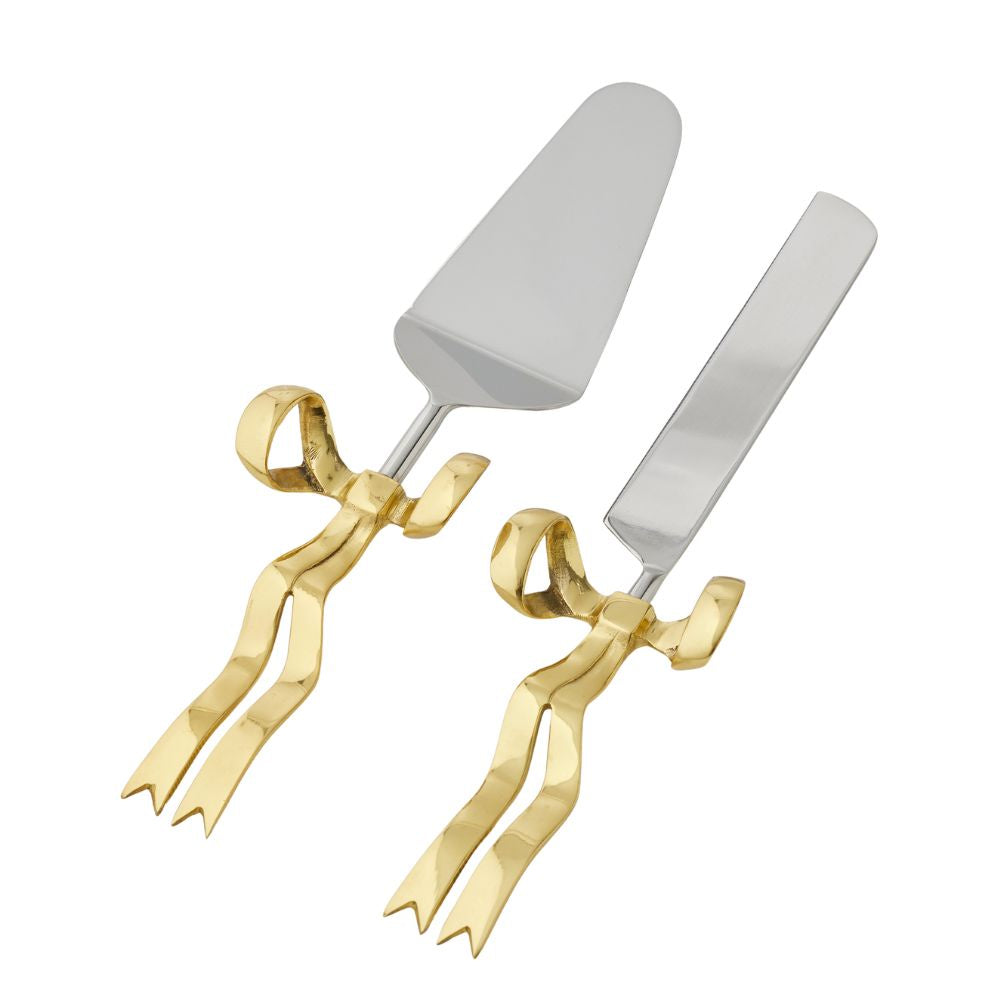 Bowtiful Cake Servers Set of 2 with elegant gold bow handles and stainless steel serving blades, perfect for cakes and desserts.