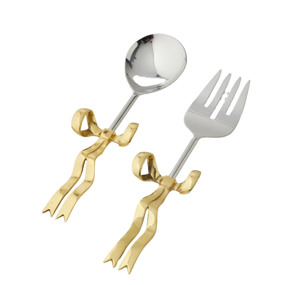 Bowtiful Salad Servers Set of 2 with gold bow handles and stainless steel serving ends, perfect for stylish dining and entertaining.