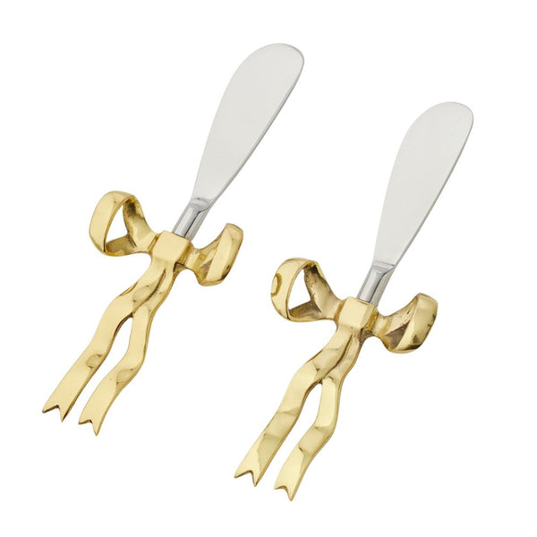 Bowtiful Spreaders Set of 2 with gold bow handles and stainless steel blades, perfect for entertaining and cheese platters.