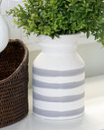 boxwood bush green styled in striped ceramic vase coastal home decor