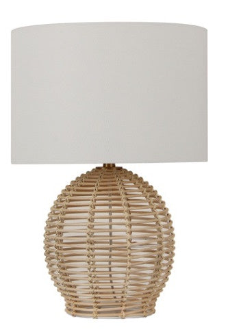 Bridgehampton Rattan Lamp with woven natural rattan base and white drum shade styled in a coastal Hamptons interior
