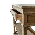 Close-up of the Bridgehampton Weathered Oak Console Table Small highlighting the dovetail drawer construction, weathered oak finish and solid brass handles.