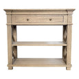Bridgehampton Weathered Oak Console Table Small with drawer, open shelving and cross-braced sides for Hamptons and coastal interiors.
