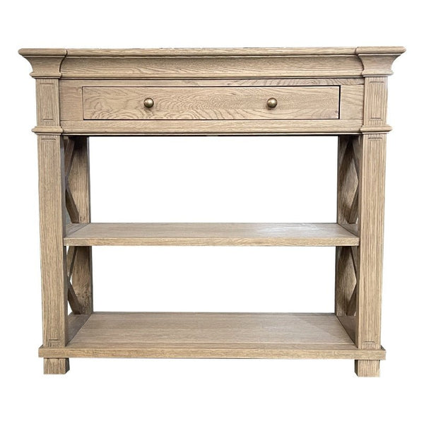 Bridgehampton Weathered Oak Console Table Small with drawer, open shelving and cross-braced sides for Hamptons and coastal interiors.