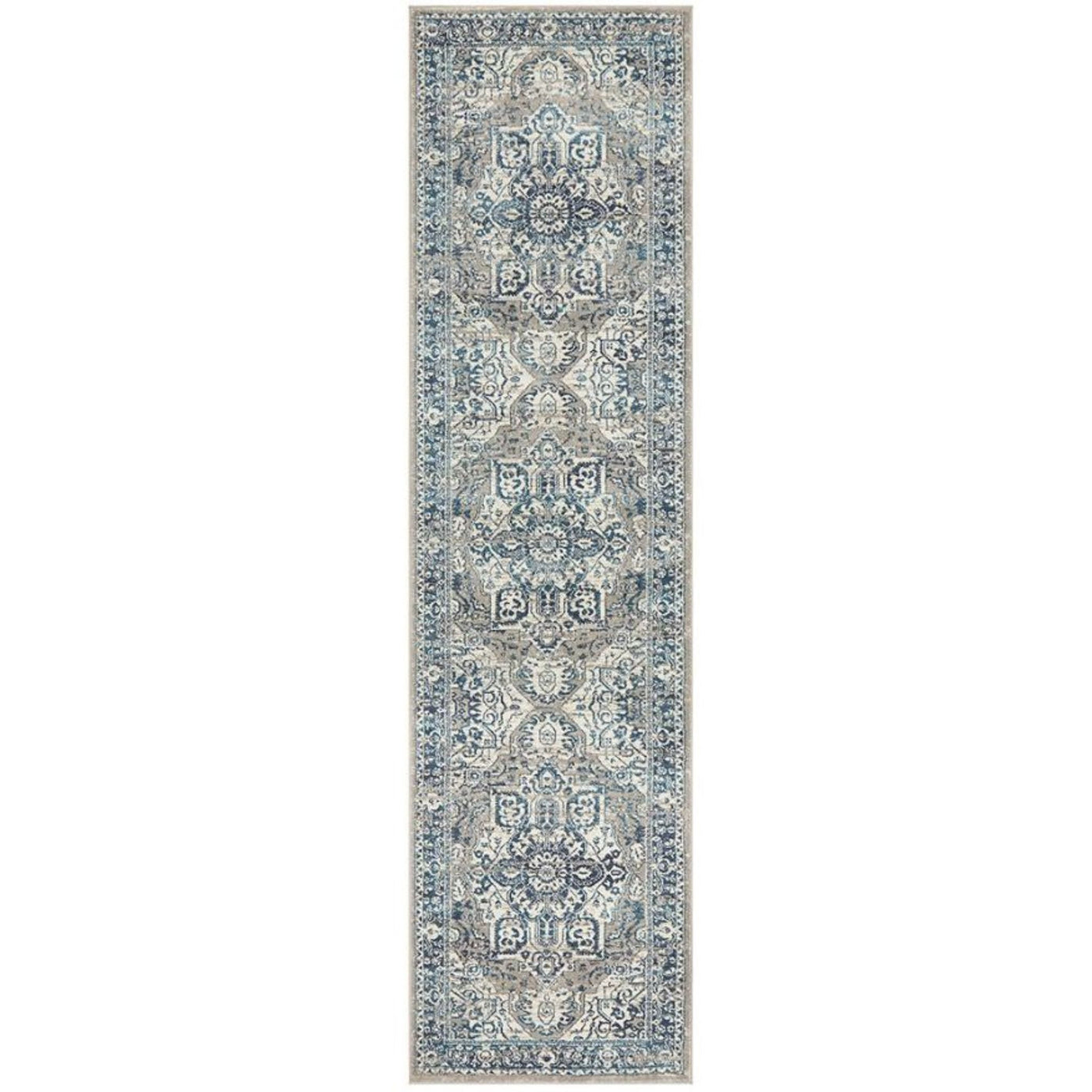 Bridgeport Blue Runner rug with distressed traditional medallion pattern in layered blue, ivory and neutral tones.