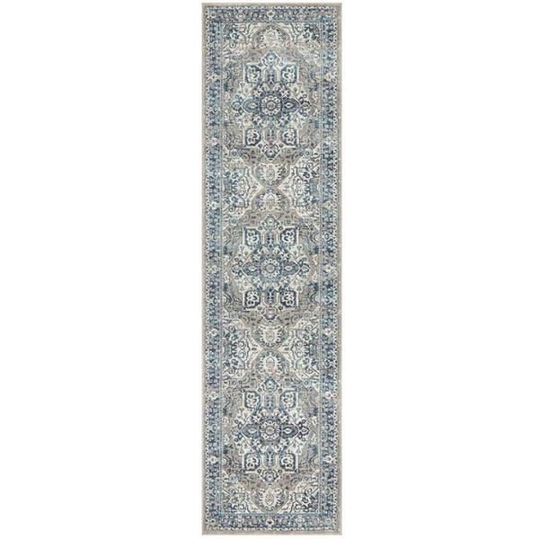 Bridgeport Blue Runner rug with distressed traditional medallion pattern in layered blue, ivory and neutral tones.