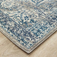 Close-up of Bridgeport Blue Runner showing its blue and ivory distressed pattern, 10mm pile and finished edge.