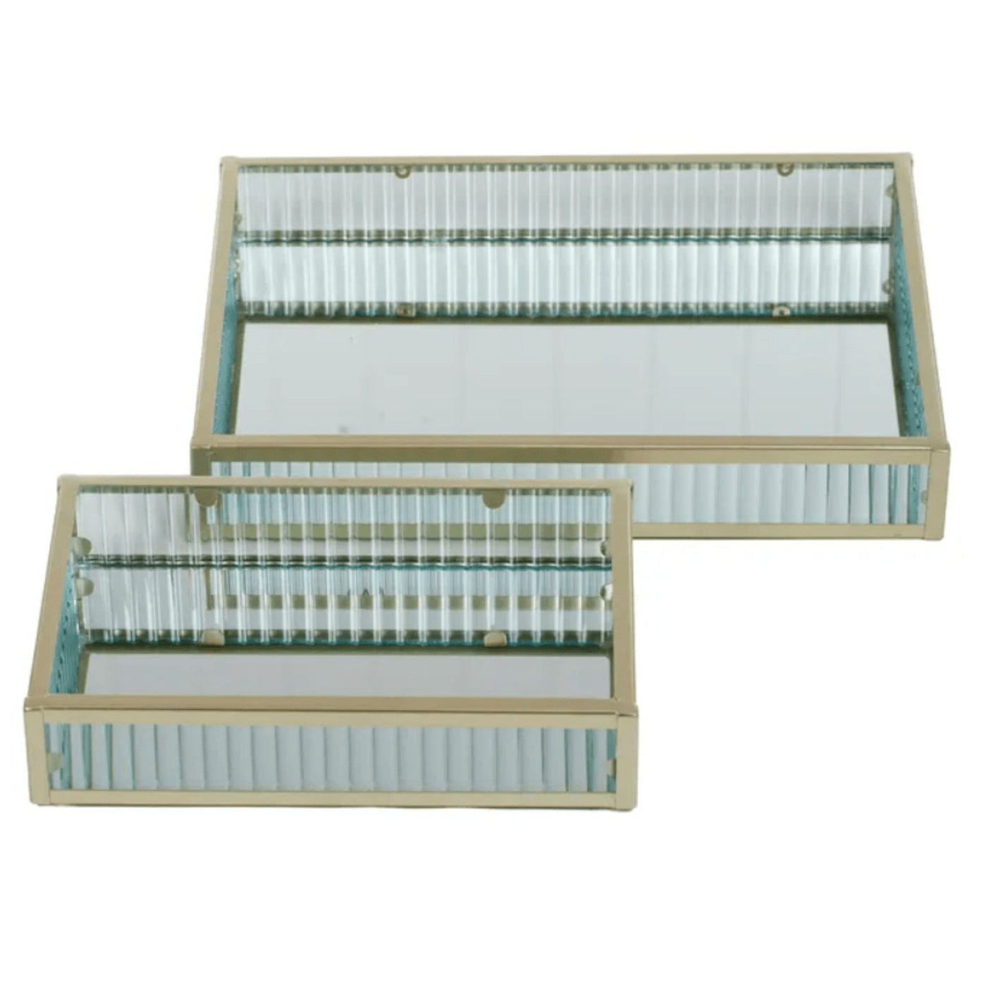 Bronte Glass and Metal Tray set featuring fluted glass sides, mirrored bases and elegant gold metal frames in two coordinating sizes.