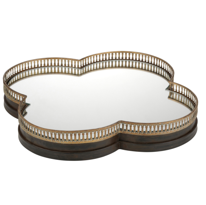 bronzed clover shaped mirror tray with antique gold gallery edge decorative tray
