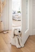 Fabric dog door stop styled at a doorway in a light Hamptons-style home with timber floors.