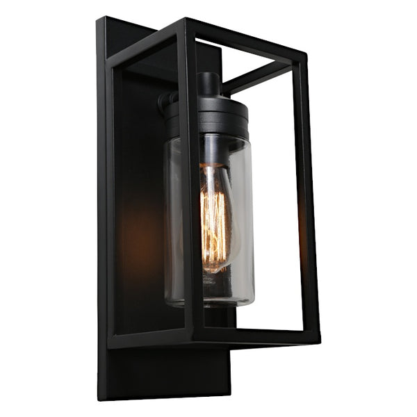 Bryant Black Exterior Wall Light with geometric metal frame, clear glass diffuser and lantern-style design.