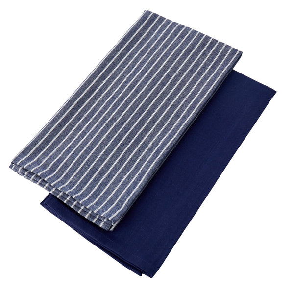 navy and white stripe tea towel with solid navy cotton kitchen towel folded
