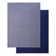 navy stripe and solid navy cotton tea towels laid flat kitchen textile set