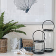 Cabin Lantern Short styled on coastal console table beside fern plant and decorative accessories