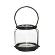 Cabin Lantern Short with clear glass body and black metal handle on white background