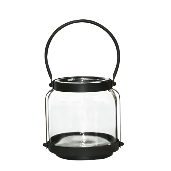 Cabin Lantern Short with clear glass body and black metal handle on white background