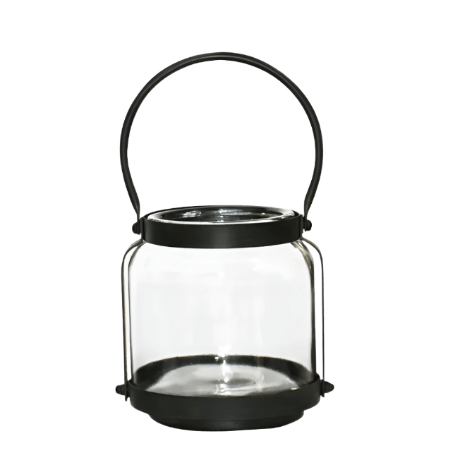 Cabin Lantern Short with clear glass body and black metal handle on white background