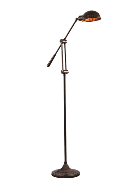 Calais adjustable brass floor lamp with ribbed metal shade in antique finish