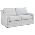Angled view of the Camden Marine Stripe 2.5 Seat Skirted Sofa showcasing tailored arms, skirted base and blue and white striped upholstery.