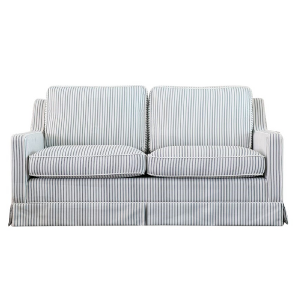 Camden Marine Stripe 2.5 Seat Skirted Sofa featuring classic blue and white striped Warwick upholstery with a fully skirted Hamptons design.