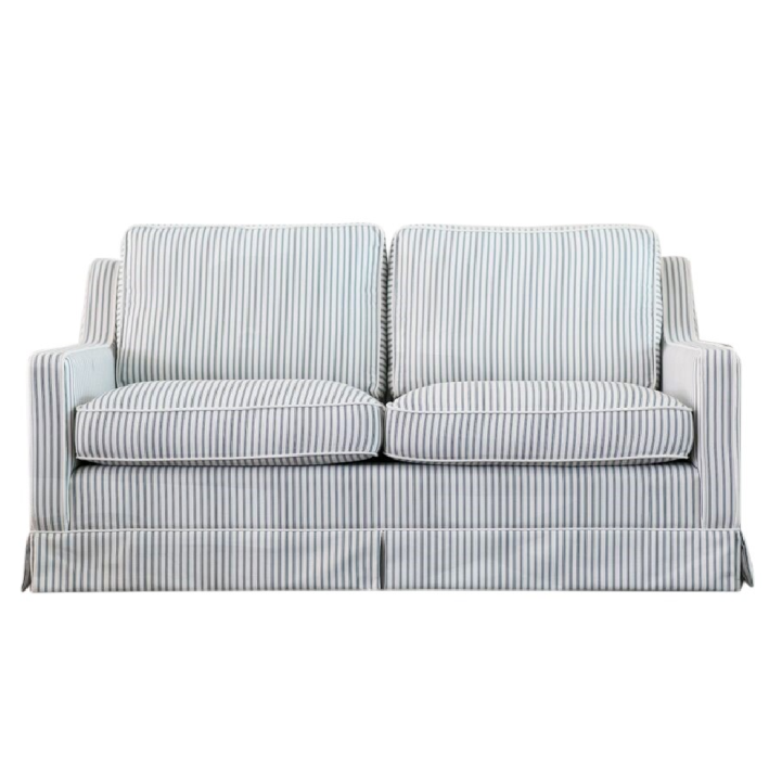 Camden Marine Stripe 2.5 Seat Skirted Sofa featuring classic blue and white striped Warwick upholstery with a fully skirted Hamptons design.