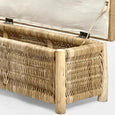 Cancun Wicker Bench Natural with lift-up cushioned seat, hidden storage compartment and woven rattan detail