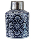 Blue and white decorative motif canister with polished silver lid, styled in classic Hamptons and coastal décor.