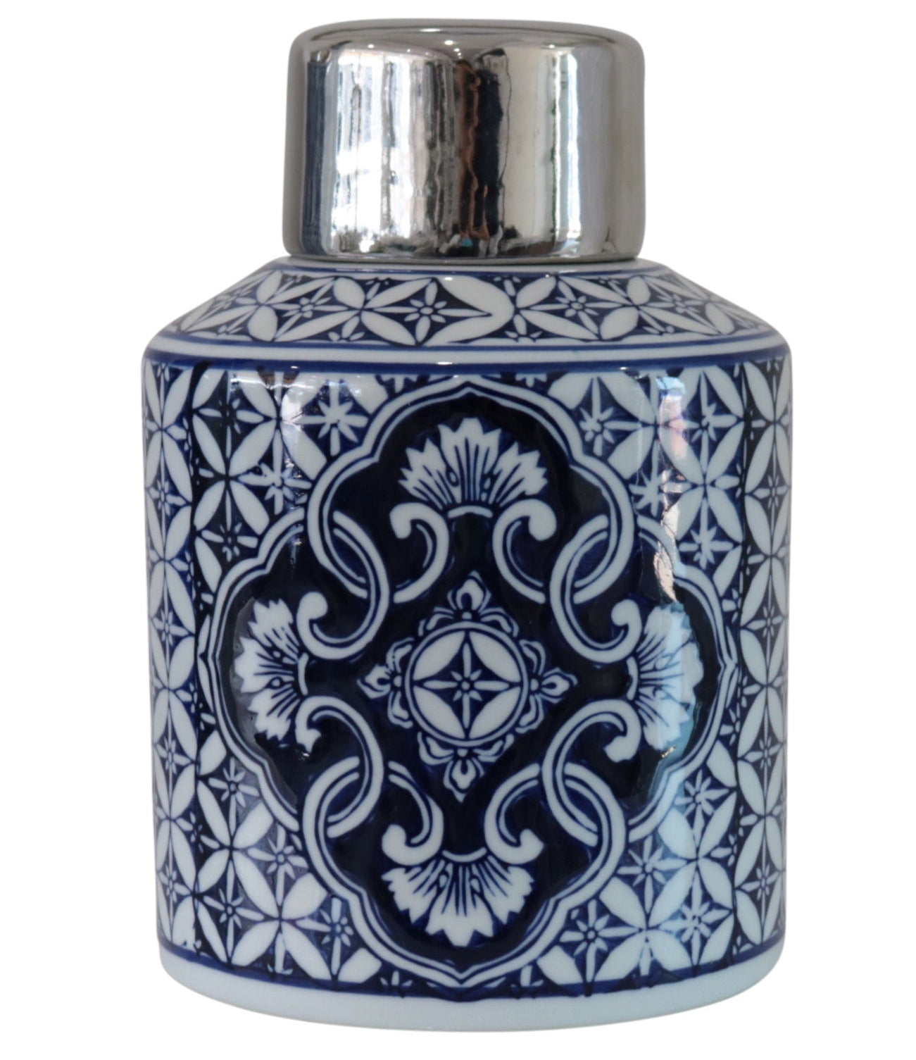 Blue and white decorative motif canister with polished silver lid, styled in classic Hamptons and coastal décor.