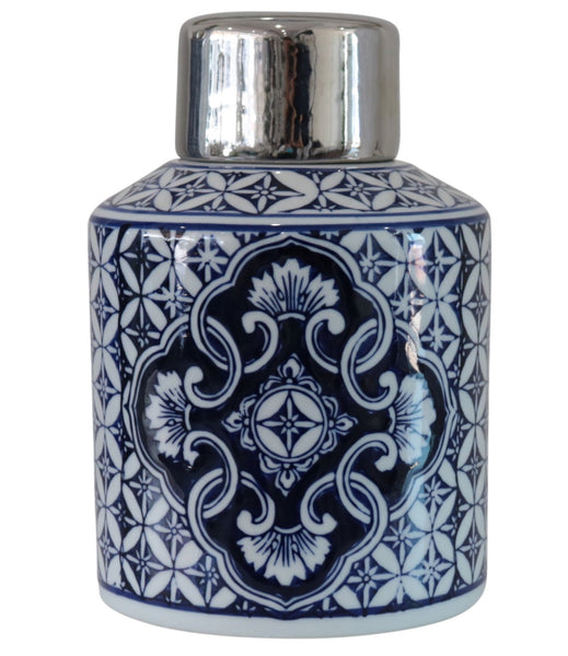 Blue and white decorative motif canister with polished silver lid, styled in classic Hamptons and coastal décor.