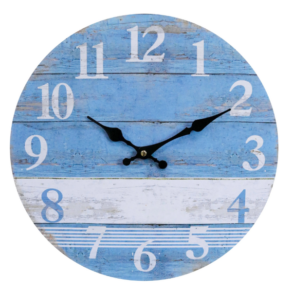 Cape Cod coastal wall clock featuring distressed blue and white timber-look panels with oversized white numerals and decorative black hands.