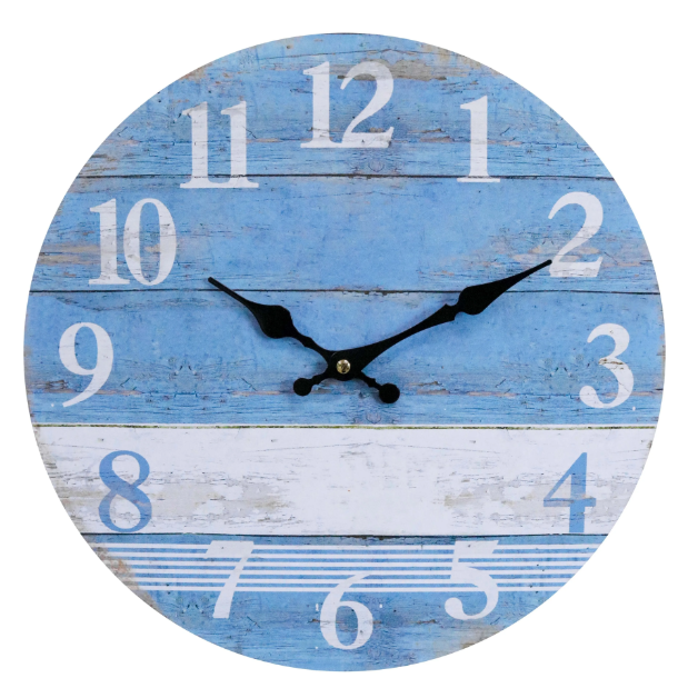 Cape Cod coastal wall clock featuring distressed blue and white timber-look panels with oversized white numerals and decorative black hands.